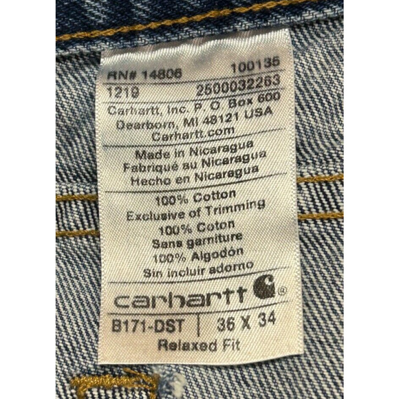 *Carhartt Jeans Mens 36X34 Blue Carpenter Actual 34X33 Relaxed Fit Straight Leg - Picture 8 of 10